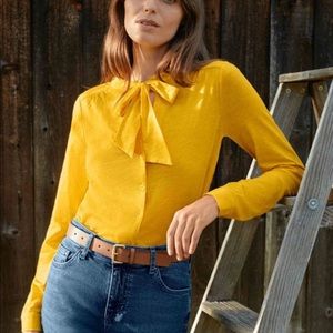 Boden Rachel Tie Neck Button-up Jersey Shirt Maize Yellow - Size US 16